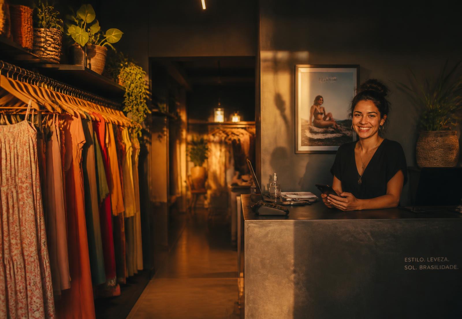 Atendente de uma loja de roupas sorrindo atrás do balcão com o celular na mão